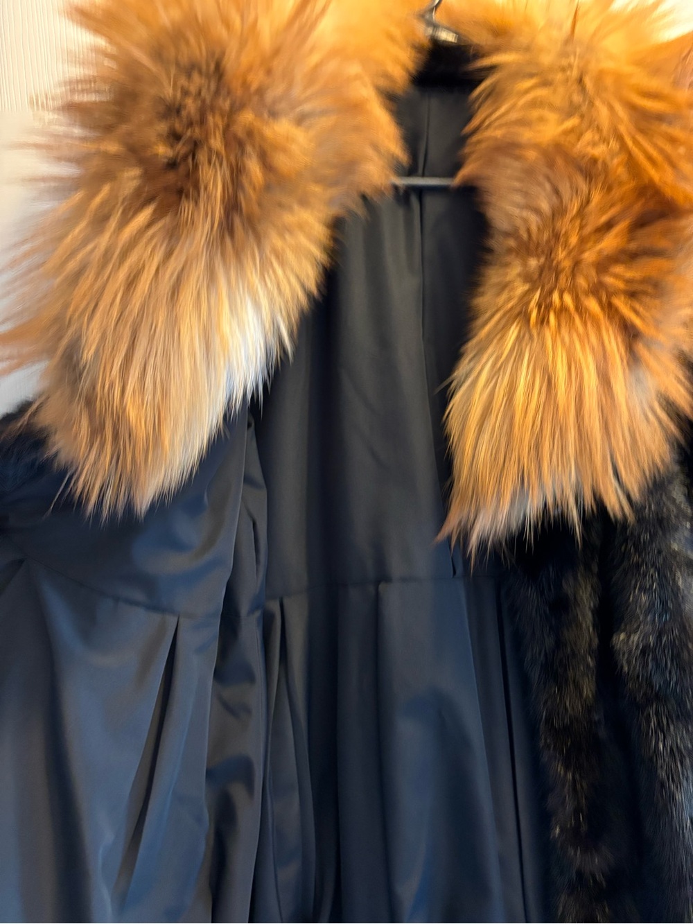 Saga Furs Black Trench Coat with Rich Brown Fur Collar